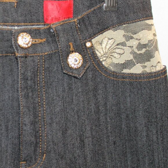 V Cristina Black Jeans with Lace and Rhinestone Button Accents - Picture 5 of 12
